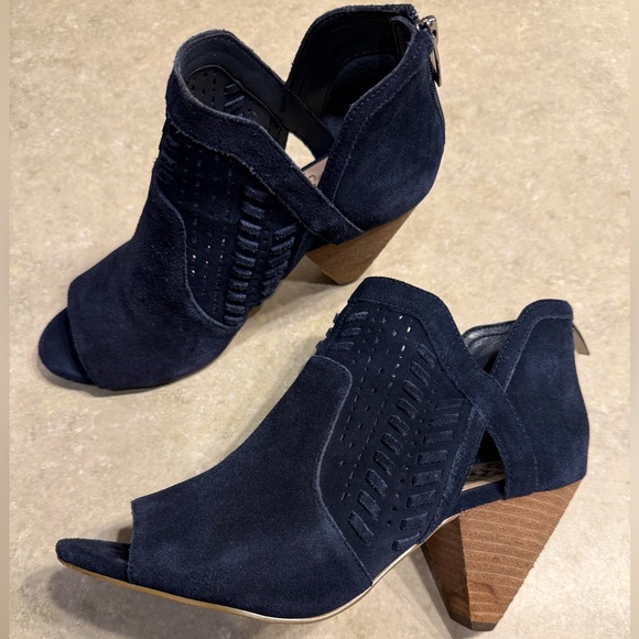 Vince Camuto Suede Navy Peep-Toe Heeled Boots - Picture 1 of 8